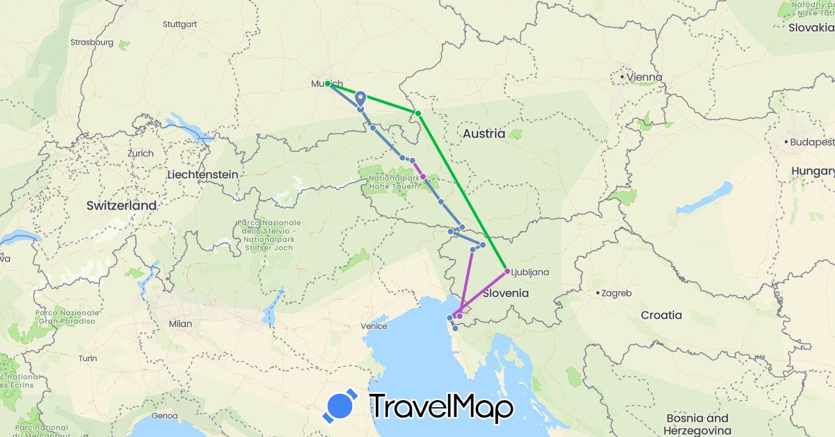 TravelMap itinerary: driving, bus, cycling, train in Austria, Germany, Croatia, Italy, Slovenia (Europe)